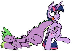 Size: 1000x700 | Tagged: safe, artist:karpet-shark, character:spike, character:twilight sparkle, character:twilight sparkle (alicorn), species:alicorn, species:pony, twily-daily, bipedal, blep, eyes closed, female, mare, older, pulling, sleeping, tail pull, tongue out
