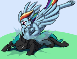 Size: 1000x773 | Tagged: safe, artist:foxenawolf, character:rainbow dash, oc, species:changeling, fanfic:growing up dandy, eyes closed, fanfic art, fluffy, glare, gritted teeth, outdoors, prone, spread wings, tackle, unshorn fetlocks, violence, wings