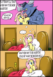 Size: 2181x3109 | Tagged: safe, artist:ciriliko, character:fluttershy, character:iron will, species:minotaur, species:pegasus, species:pony, ship:ironshy, ..., comic, creeper, dialogue, dream, female, floppy ears, high res, male, mare, minecraft, open mouth, painfully innocent fluttershy, shipping, shocked, sleeping, spread wings, straight, wingboner, wings