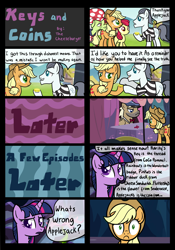 Size: 4176x5976 | Tagged: safe, artist:thecheeseburger, character:applejack, character:silver shill, character:twilight sparkle, character:twilight sparkle (alicorn), species:alicorn, species:pony, episode:leap of faith, g4, my little pony: friendship is magic, absurd resolution, applejack lost or spent the bit, comic, crafty crate, female, mare, neon's bit, now you fucked up, oh crap, wide eyes