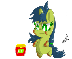 Size: 939x769 | Tagged: safe, artist:magical disaster, oc, oc only, oc:magical disaster, species:pony, :t, bipedal, colored eyelashes, cute, eyelashes, jam, jar, messy, puffy cheeks, smiling, solo, style emulation