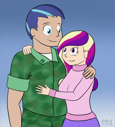 Size: 1827x2017 | Tagged: safe, artist:phallen1, character:princess cadance, character:shining armor, species:human, camouflage, clothing, humanized, military uniform, sweater, turtleneck