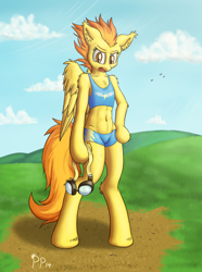 Size: 2000x2688 | Tagged: safe, artist:punk-pegasus, character:spitfire, species:anthro, abs, arm hooves, belly button, bipedal, bra on pony, breasts, clothing, delicious flat chest, female, goggles, looking at you, midriff, small breasts, solo, sports bra, sports shorts, sweat