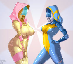 Size: 2227x1959 | Tagged: safe, artist:skyline19, character:fluttershy, species:human, bodysuit, breast squeeze, breasts, busty fluttershy, cosplay, female, hands together, helmet, humanized, latex, mass effect, quarian, reference, tight clothing, wonderbolts, wonderbolts uniform