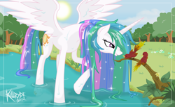 Size: 2800x1721 | Tagged: safe, artist:killryde, character:princess celestia, species:alicorn, species:pony, beautiful, female, forest, grin, mare, pretty, raised hoof, smiling, solo, sparkles, water, wet, wet mane