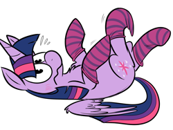 Size: 800x600 | Tagged: safe, artist:karpet-shark, character:twilight sparkle, character:twilight sparkle (alicorn), species:alicorn, species:pony, twily-daily, adorkable, blushing, caught, chest fluff, clothing, cute, dork, embarrassed, female, looking at you, mare, on back, socks, solo, striped socks