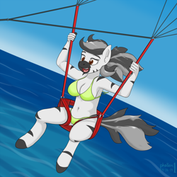 Size: 2000x2000 | Tagged: safe, artist:phallen1, oc, oc only, oc:kinky beer, species:anthro, species:zebra, anthro oc, armpits, belly button, bikini, cleavage, clothing, female, flying, ocean, parachute, parasailing, solo, swimsuit