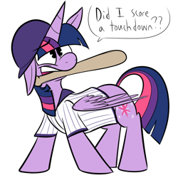 Size: 700x700 | Tagged: safe, artist:karpet-shark, character:twilight sparkle, character:twilight sparkle (alicorn), species:alicorn, species:pony, twily-daily, adorkable, baseball, clothing, cute, dork, female, floppy ears, helmet, mare, mouth hold, shirt, smiling, solo, sports