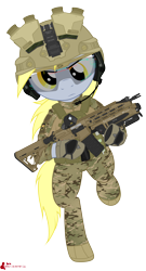 Size: 2238x4152 | Tagged: safe, artist:orang111, character:derpy hooves, species:pony, absurd resolution, ar15, assault rifle, bipedal, body armor, clothing, combat, eotech, female, gloves, goggles, grenade launcher, headset, helmet, hmd, inverted optic sight, lbt 6094, m320, magpul, military, multicam, night vision goggles, picatinny rail, running, solo, weapon