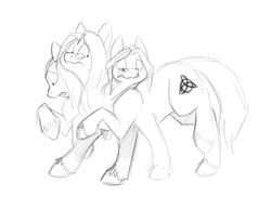 Size: 1000x773 | Tagged: safe, artist:foxenawolf, oc, oc only, cerberus, fusion, i dont even, monochrome, multiple heads, multiple limbs, sleipnirberus, strange, three heads, three-headed pony, together forever, unshorn fetlocks, wat, we have become one, weird, what has science done