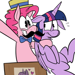 Size: 700x700 | Tagged: safe, artist:karpet-shark, character:pinkie pie, character:twilight sparkle, character:twilight sparkle (alicorn), species:alicorn, species:pony, twily-daily, episode:trade ya, g4, my little pony: friendship is magic, bow tie, clothing, fake moustache, female, hat, mare