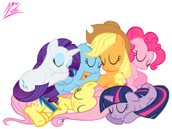 Size: 8000x6000 | Tagged: safe, artist:nightmaremoons, character:applejack, character:fluttershy, character:pinkie pie, character:rainbow dash, character:rarity, character:twilight sparkle, absurd resolution, cute, mane six, simple background, sleep pile, sleeping, transparent background, vector