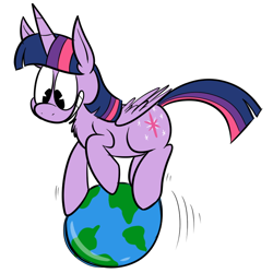 Size: 700x700 | Tagged: safe, artist:karpet-shark, character:twilight sparkle, character:twilight sparkle (alicorn), species:alicorn, species:pony, twily-daily, balancing, earth, earth day, female, giant alicorn, giant pony, giantess, giga giant, grin, macro, mare, mega twilight sparkle, pony bigger than a planet, smiling, solo