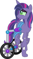 Size: 554x970 | Tagged: safe, artist:starryoak, oc, oc only, oc:prince(ss) quasimodo quartz, parent:queen chrysalis, parent:shining armor, parents:shining chrysalis, species:changepony, crystal, half changeling, handicapped, hybrid, interspecies offspring, male to female, offspring, simple background, solo, transgender, transparent background, vector, wheel, wheelchair