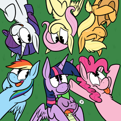 Size: 900x900 | Tagged: dead source, safe, artist:karpet-shark, character:applejack, character:fluttershy, character:pinkie pie, character:rainbow dash, character:rarity, character:spike, character:twilight sparkle, character:twilight sparkle (alicorn), species:alicorn, species:earth pony, species:pegasus, species:pony, species:unicorn, twily-daily, blep, chest fluff, clothing, cute, drool, eyes closed, female, friendshipping, hat, hat off, lying down, mama twilight, mane seven, mane six, mare, open mouth, pacman eyes, sleeping, smiling, spikelove, tongue out, wide eyes, z