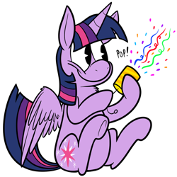 Size: 700x700 | Tagged: dead source, safe, artist:karpet-shark, character:twilight sparkle, character:twilight sparkle (alicorn), species:alicorn, species:pony, twily-daily, chest fluff, confetti, cute, featured on derpibooru, female, hoof hold, mare, party popper, sitting, smiling, solo, the end, underhoof