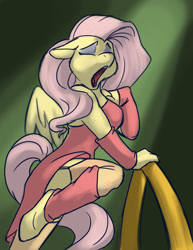Size: 700x906 | Tagged: safe, artist:foxenawolf, character:fluttershy, species:anthro, species:unguligrade anthro, clothing, dress, eyes closed, floppy ears, leg warmers, stockings