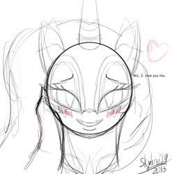 Size: 1034x1046 | Tagged: safe, artist:skyline19, character:nightmare moon, character:princess luna, species:human, bedroom eyes, blushing, dialogue, grin, hand, heart, looking at you, pov, smiling, stupid sexy nightmare moon, wip