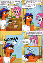 Size: 2248x3293 | Tagged: safe, artist:ciriliko, character:pinkie pie, oc, species:earth pony, species:pony, comic, comic sans, creeper, female, food, high res, male, mare, muffin, stallion, text, this ended in explosions, this ended in pain