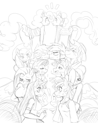 Size: 1965x2485 | Tagged: safe, artist:ss2sonic, character:applejack, character:barb, character:fluttershy, character:pinkie pie, character:rainbow dash, character:rarity, character:spike, character:twilight sparkle, oc:dusk shine, species:anthro, fanfic:on a cross and arrow, applejack (male), breasts, bubble berry, busty fluttershy, butterscotch, elusive, female, monochrome, ponidox, rainbow blitz, rule 63, self ponidox, sketch
