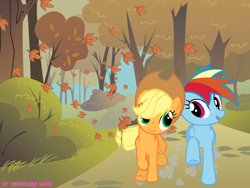 Size: 2000x1500 | Tagged: safe, artist:nightmaremoons, character:applejack, character:rainbow dash, ship:appledash, autumn, female, leaves, lesbian, running, running of the leaves, shipping
