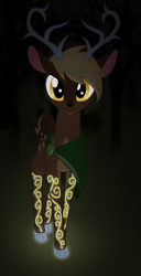 Size: 800x1560 | Tagged: safe, artist:sirzi, oc, oc only, species:deer, cervine, cloak, clothing, darkness, deer oc, glow, horns, leaf, looking at you, non-pony oc, original species, solo, tattoo, vitrung