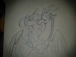 Size: 1280x960 | Tagged: safe, artist:stepandy, character:discord, character:princess celestia, ship:dislestia, female, kissing, male, monochrome, shipping, sketch, straight, traditional art