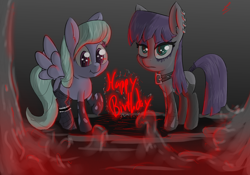 Size: 1436x1004 | Tagged: safe, artist:magical disaster, character:flitter, character:maud pie, birthday gift, fog, goth, happy birthday, lighting, shadow