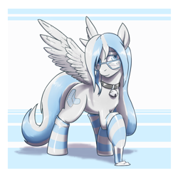 Size: 1280x1280 | Tagged: safe, artist:krd, oc, oc only, oc:stripe shine, species:pegasus, species:pony, bell, bell collar, clothing, collar, glasses, latex, latex pony, latex socks, socks, solo, striped socks