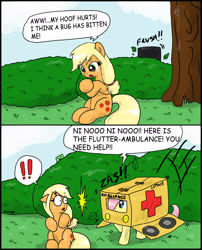 Size: 2171x2692 | Tagged: safe, artist:ciriliko, character:applejack, character:fluttershy, ambulance, clothing, comic, costume, creeper, cute, exclamation point, high res, hnnng, shrunken pupils, surprised, zas