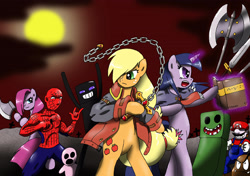 Size: 3487x2452 | Tagged: safe, artist:ciriliko, character:applejack, character:pinkamena diane pie, character:pinkie pie, character:twilight sparkle, castlevania, castlevania: lords of shadow, charlotte aulin, creeper, crossover, high res, jonathan morris, mario, minecraft, spider-man, super mario bros.
