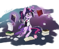 Size: 1100x900 | Tagged: safe, artist:silbersternenlicht, character:twilight sparkle, alternate hairstyle, clothing, female, glasses, magic, multitasking, ponytail, school uniform, solo, studying