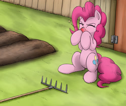 Size: 2367x1999 | Tagged: safe, artist:otakuap, character:pinkie pie, abuse, bruised, eyes closed, female, grass, injured, nose wrinkle, pain, pinkiebuse, rake, sitting, solo