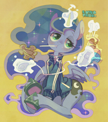 Size: 622x700 | Tagged: safe, artist:rikose, character:princess luna, gamer luna, clothing, controller, female, magic, solo, wii remote