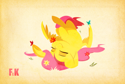 Size: 2619x1773 | Tagged: safe, artist:fluttershythekind, character:fluttershy, species:pegasus, species:pony, belly button, butterfly, cute, eyes closed, female, flower, horses doing horse things, mare, on back, rolling, shyabetes, smiling, solo, underhoof, wings
