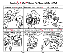 Size: 900x724 | Tagged: safe, artist:kturtle, character:pinkie pie, backmasking, blackjack, card, clever bastard, doing a hatful of things, doing hurtful things, female, glasses, ham radio, kturtle, meme, microphone, monochrome, otter, parody, turtle, william carlos williams