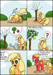 Size: 2481x3506 | Tagged: safe, artist:ciriliko, character:applejack, character:big mcintosh, species:earth pony, species:pony, :3, colt big macintosh, comic, creeper, female, filly, filly applejack, food, high res, lemon, male, pictogram, stallion, starry eyes, thought bubble, wingding eyes, younger, zas