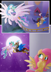 Size: 1000x1415 | Tagged: safe, artist:falleninthedark, artist:stepandy, character:discord, character:fluttershy, character:princess celestia, comic:notte insonne, ship:dislestia, bedroom eyes, blushing, collaboration, cute, discute, eye contact, female, flying, hiding, male, moon, night, open mouth, shipper on deck, shipping, shyabetes, smiling, spread wings, squee, straight, wings
