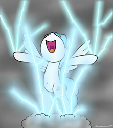 Size: 1024x1160 | Tagged: safe, artist:bluemeganium, character:white lightning, species:pegasus, species:pony, belly button, bipedal, cloud, dangerous, discharge, female, lightning, mare, solo, st. elmo's fire, standing, stormcloud