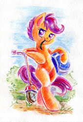 Size: 550x808 | Tagged: safe, artist:maytee, character:scootaloo, species:pegasus, species:pony, female, helmet, scooter, solo, traditional art