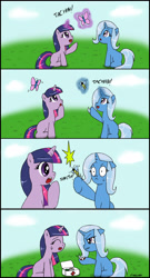 Size: 2262x4185 | Tagged: safe, artist:ciriliko, character:trixie, character:twilight sparkle, bee, bee sting, butterfly, comic