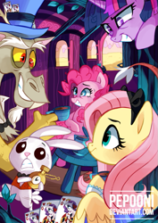 Size: 511x723 | Tagged: safe, artist:pepooni, character:angel bunny, character:discord, character:fluttershy, character:pinkie pie, character:twilight sparkle, character:twilight sparkle (alicorn), species:alicorn, species:pony, alice in wonderland, card, cheshire cat, clothing, crossover, cup, dress, female, hat, mad hatter, mare, pocket watch, tea, tea party, teacup, top hat, watch, white rabbit