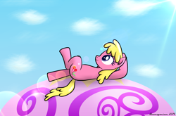 Size: 2155x1422 | Tagged: safe, artist:bluemeganium, character:cherry berry, balloon, cloud, cloudy, crossed legs, female, hot air balloon, on back, relaxing, sky, solo, sun, sunshine, twinkling balloon