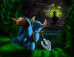 Size: 3679x2838 | Tagged: safe, artist:otakuap, species:earth pony, species:pony, armor, castle, forest, ponified, shovel, shovel knight, solo