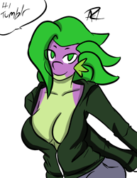 Size: 612x792 | Tagged: source needed, useless source url, safe, artist:inuyuru, character:barb, character:spike, species:anthro, ask spines, breasts, busty barb, cleavage, female, rule 63, solo, tumblr