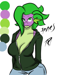 Size: 612x792 | Tagged: safe, artist:inuyuru, character:barb, character:spike, species:anthro, ask spines, breasts, busty barb, cleavage, female, reference sheet, rule 63, solo
