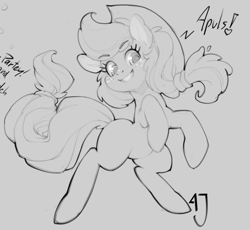 Size: 1126x1038 | Tagged: safe, artist:hallogreen, character:applejack, female, grayscale, implied pinkie pie, monochrome, rearing, solo, that pony sure does love apples