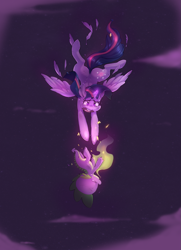 Size: 1229x1700 | Tagged: safe, artist:ekokin, artist:hallogreen, character:spike, character:twilight sparkle, character:twilight sparkle (alicorn), species:alicorn, species:dragon, species:pony, bad end, broken horn, crying, falling, feather, female, fire, glowing horn, injured, magic, male, mare, open mouth, reaching, sad, spread wings, wide eyes, wings