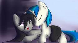 Size: 1960x1080 | Tagged: safe, artist:dshou, character:dj pon-3, character:octavia melody, character:vinyl scratch, species:earth pony, species:pony, species:unicorn, ship:scratchtavia, :o, duo, eyes closed, female, lesbian, looking up, mare, open mouth, shipping