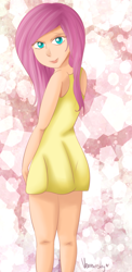 Size: 638x1305 | Tagged: safe, artist:verminshy, character:fluttershy, species:human, clothing, cute, dress, female, humanized, looking at you, shyabetes, solo